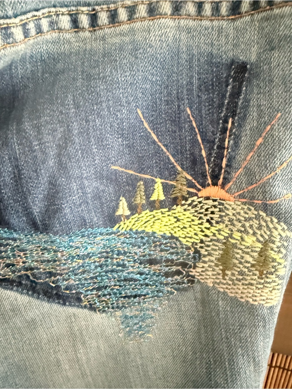 Hand-Embroidered Denim Blue Jeans - Sunset Landscape by GAP